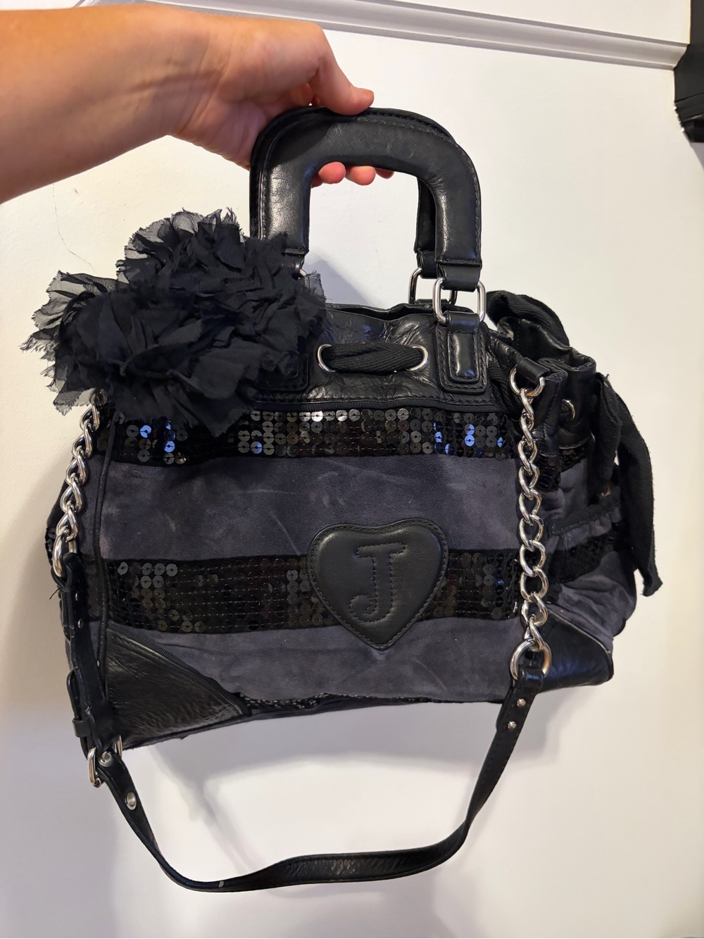 Juicy Couture Black Sequin Tote Bag with Chain Strap